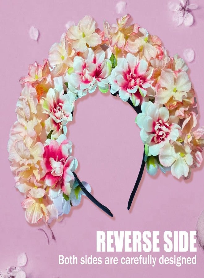 OULIGET Handmade Wreath Hairband,Flower Crown Hairband Double Sided Floral for Day of The Dead Cosplay Party Festivals (Pale pink, Small head circumference) - Image 4
